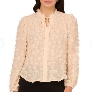Adrianna Papell 3D Flower Tie Neck Sheer Blouse M Vanilla